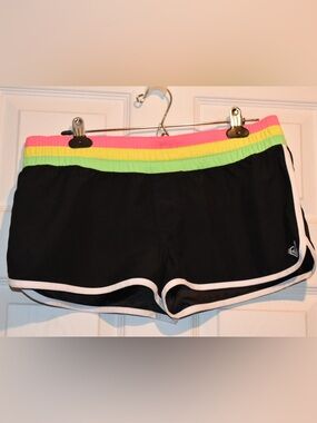 Roxy Black Board Shorts with Neon Pink, Yellow & Green Waistband